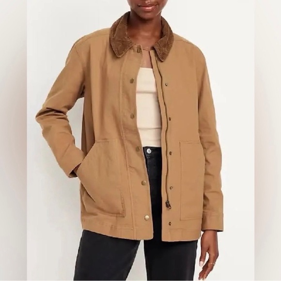 NWOT Old Money Preppy Boho‎ Old Navy Canvas Barn Jacket Tan with Brown Collar M - Picture 4 of 7